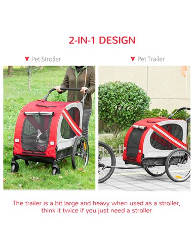 PawHut 2-In-1 Dog Bike Trailer Pet Stroller with Universal Wheel Reflector Flag Red