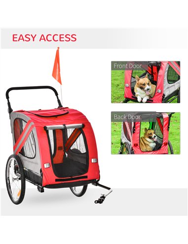 PawHut 2-In-1 Dog Bike Trailer Pet Stroller with Universal Wheel Reflector Flag Red