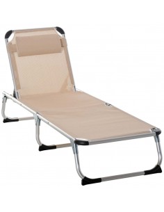 Outsunny Foldable Reclining Sun Lounger with Pillow 5-Level Adjustable Back, Khaki