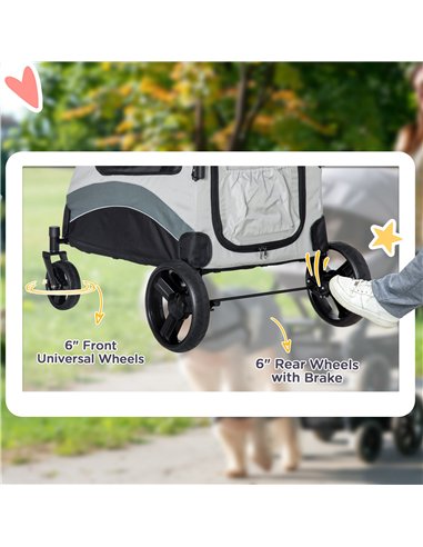 PawHut Pet Stroller for Medium Dogs Cat Pushchair Buggy Pram with 4 Wheels Safety Leash Zipper Doors Mesh Windows Storage Bag - 