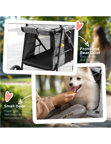 PawHut Pet Stroller for Medium Dogs Cat Pushchair Buggy Pram with 4 Wheels Safety Leash Zipper Doors Mesh Windows Storage Bag - 
