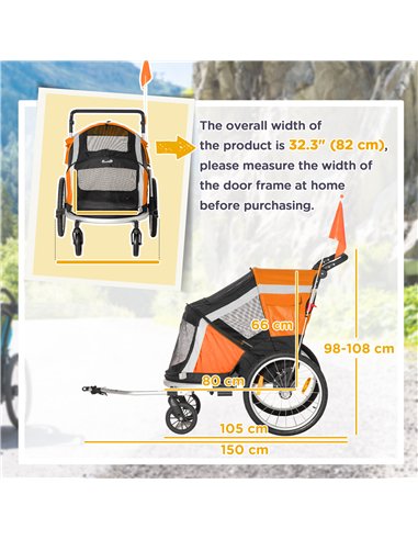 PawHut Dog Bike Trailer 2-in-1 Pet Stroller for Large Dogs Cart Foldable Bicycle Carrier Aluminium Frame with Safety Leash Hitch
