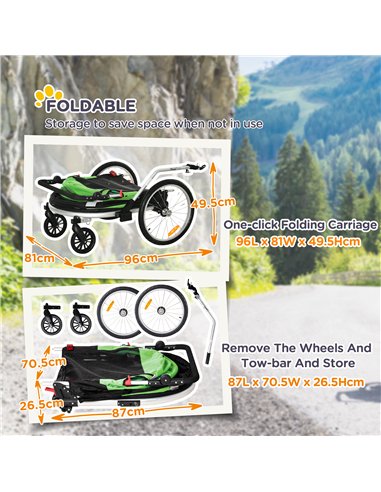 PawHut Dog Bike Trailer 2-in-1 Pet Stroller for Large Dogs Cart Foldable Bicycle Carrier Aluminium Frame with Safety Leash Hitch