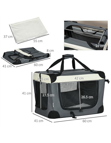 PawHut 60cm Foldable Pet Carrier, with Cushion, for Miniature Dogs and Cats - Grey