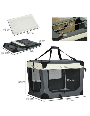 PawHut 70cm Foldable Pet Carrier, with Cushion, for Small Dogs and Cats - Grey
