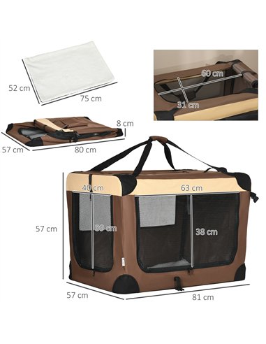 PawHut 81cm Foldable Pet Carrier, with Cushion, for Medium Dogs and Cats - Brown