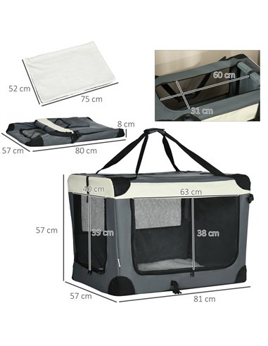 PawHut 81cm Foldable Pet Carrier, with Cushion, for Medium Dogs and Cats - Grey