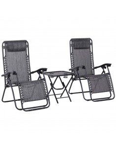 Outsunny 3pcs Folding Sun Lounger Table Set with Cup Holders, Light Grey
