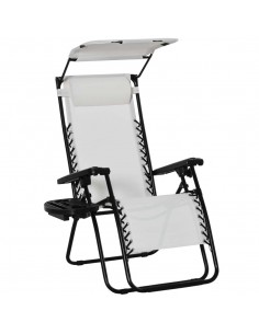 Outsunny Garden Folding Sun Lounger, Reclining Seat with Cup Holder & Canopy Shade, White