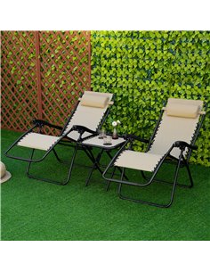 Outsunny 3pcs Folding Sun Lounger Table Set with Cup Holders, Beige 2