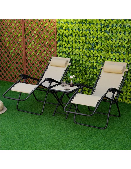 Outsunny 3pcs Folding Zero Gravity Chairs Sun Lounger Table Set w/ Cup Holders Reclining Garden Yard Pool, Beige - pic 14485 | FastDaddyshop