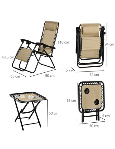 Outsunny 3pcs Folding Zero Gravity Chairs Sun Lounger Table Set w/ Cup Holders Reclining Garden Yard Pool, Beige