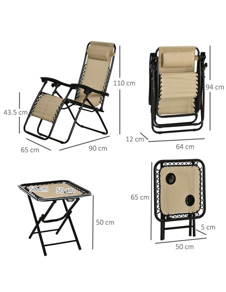 Outsunny 3pcs Folding Zero Gravity Chairs Sun Lounger Table Set w/ Cup Holders Reclining Garden Yard Pool, Beige - pic 14486 | FastDaddyshop