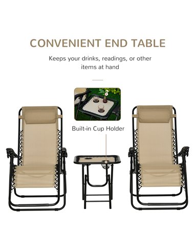 Outsunny 3pcs Folding Zero Gravity Chairs Sun Lounger Table Set w/ Cup Holders Reclining Garden Yard Pool, Beige