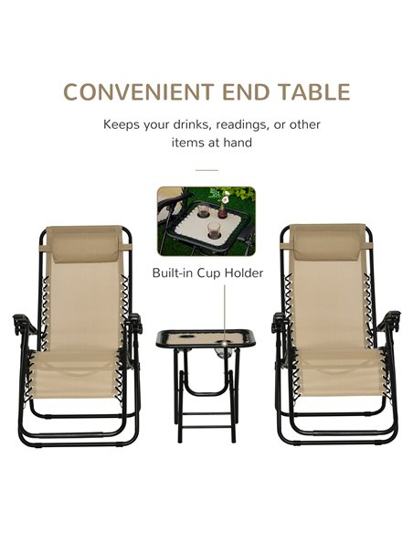 Outsunny 3pcs Folding Zero Gravity Chairs Sun Lounger Table Set w/ Cup Holders Reclining Garden Yard Pool, Beige - pic 14488 | FastDaddyshop