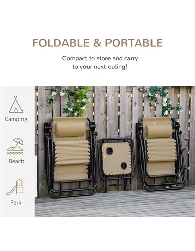 Outsunny 3pcs Folding Zero Gravity Chairs Sun Lounger Table Set w/ Cup Holders Reclining Garden Yard Pool, Beige