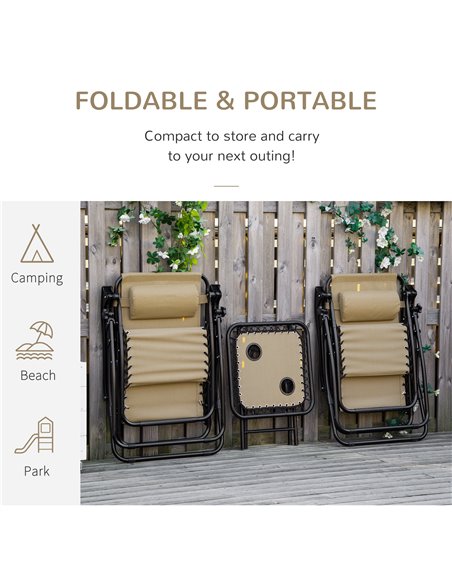 Outsunny 3pcs Folding Zero Gravity Chairs Sun Lounger Table Set w/ Cup Holders Reclining Garden Yard Pool, Beige - pic 14489 | FastDaddyshop