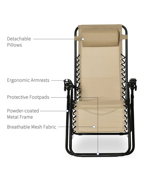 Outsunny 3pcs Folding Zero Gravity Chairs Sun Lounger Table Set w/ Cup Holders Reclining Garden Yard Pool, Beige - pic 14490 | FastDaddyshop