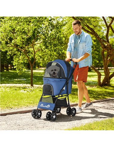 PawHut Foldable Pet Stroller for Dogs, Puppy Stroller, with Large Carriage, Brakes, Canopy - Blue