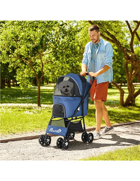 PawHut Foldable Pet Stroller for Dogs, Puppy Stroller, with Large Carriage, Brakes, Canopy - Blue - pic 144921 | FastDaddyshop