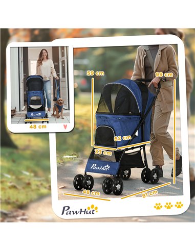 PawHut Foldable Pet Stroller for Dogs, Puppy Stroller, with Large Carriage, Brakes, Canopy - Blue