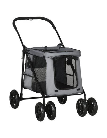 PawHut Dog Pram Dog Stroller 4 Wheels Pet Pushchair with Rolling Door, Cushion, Safety Leashes, for Small and Medium Dogs, Grey - pic 144938 | FastDaddyshop