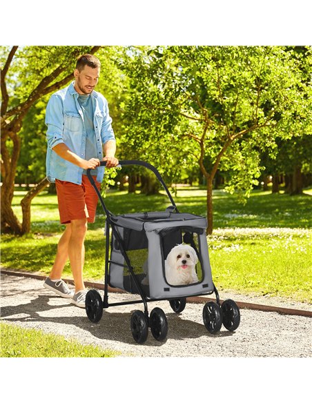 PawHut Dog Pram Dog Stroller 4 Wheels Pet Pushchair with Rolling Door, Cushion, Safety Leashes, for Small and Medium Dogs, Grey - pic 144939 | FastDaddyshop