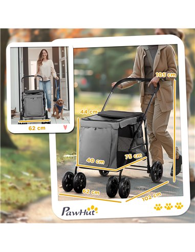PawHut Dog Pram Dog Stroller 4 Wheels Pet Pushchair with Rolling Door, Cushion, Safety Leashes, for Small and Medium Dogs, Grey