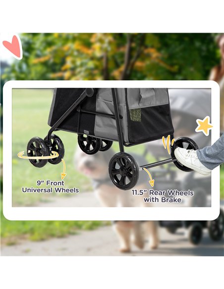 PawHut Dog Pram Dog Stroller 4 Wheels Pet Pushchair with Rolling Door, Cushion, Safety Leashes, for Small and Medium Dogs, Grey - pic 144943 | FastDaddyshop