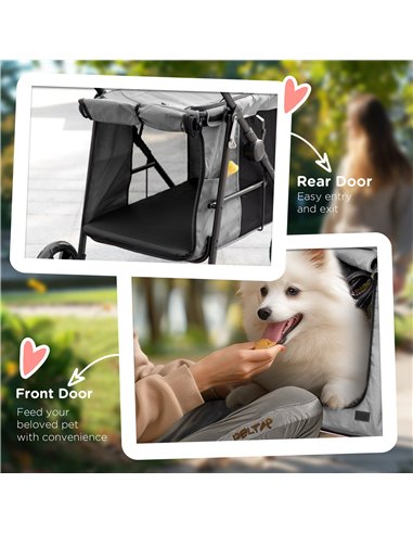 PawHut Dog Pram Dog Stroller 4 Wheels Pet Pushchair with Rolling Door, Cushion, Safety Leashes, for Small and Medium Dogs, Grey