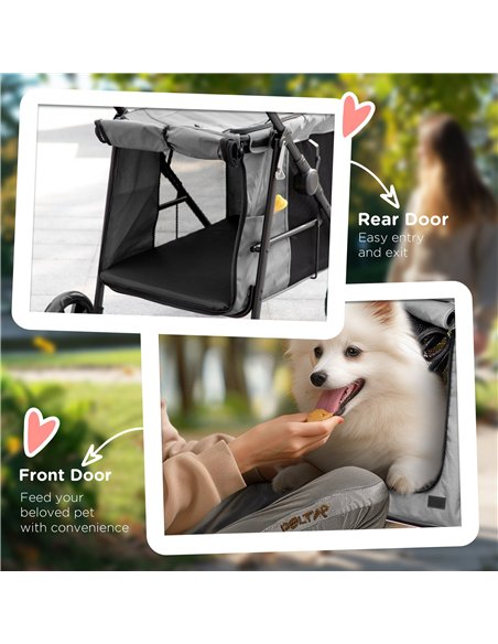 PawHut Dog Pram Dog Stroller 4 Wheels Pet Pushchair with Rolling Door, Cushion, Safety Leashes, for Small and Medium Dogs, Grey - pic 144944 | FastDaddyshop