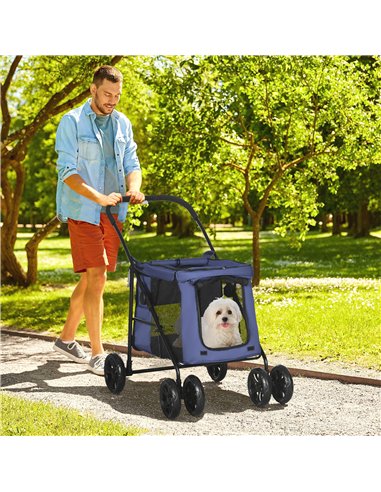 PawHut Dog Pram Dog Stroller 4 Wheels Pet Pushchair with Rolling Door, Cushion, Safety Leashes, for Small and Medium Dogs, Dark 