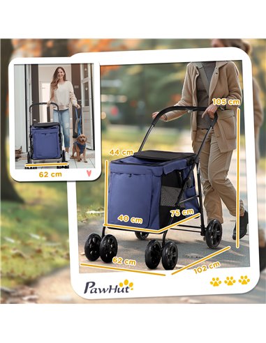 PawHut Dog Pram Dog Stroller 4 Wheels Pet Pushchair with Rolling Door, Cushion, Safety Leashes, for Small and Medium Dogs, Dark 
