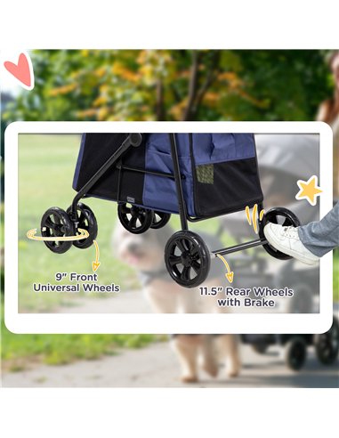 PawHut Dog Pram Dog Stroller 4 Wheels Pet Pushchair with Rolling Door, Cushion, Safety Leashes, for Small and Medium Dogs, Dark 