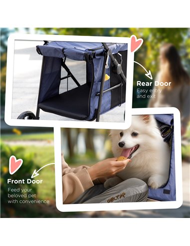 PawHut Dog Pram Dog Stroller 4 Wheels Pet Pushchair with Rolling Door, Cushion, Safety Leashes, for Small and Medium Dogs, Dark 