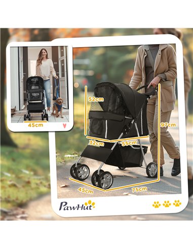 PawHut Pet Stroller for Small Miniature Dogs Cats Foldable Travel Carriage with Wheels Zipper Entry Cup Holder Storage Basket Bl