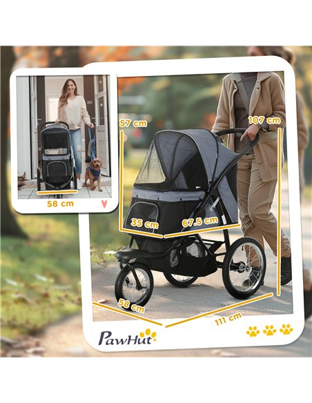 PawHut Dog Pram Dog Stroller Jogger Foldable Pet Pushchair for Medium, Small Dogs, w/ Rubber Wheels, Washable Cushion - Grey - pic 145048 | FastDaddyshop