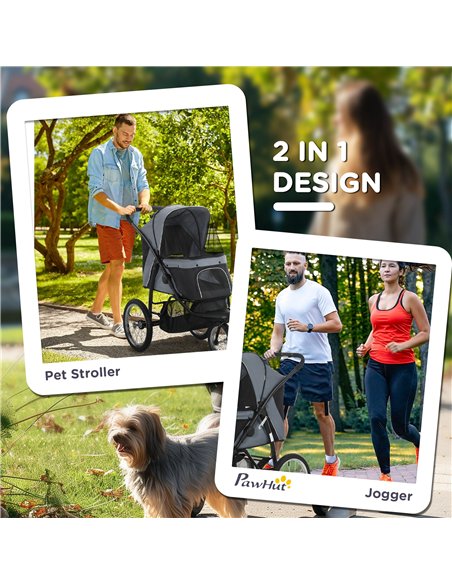 PawHut Dog Pram Dog Stroller Jogger Foldable Pet Pushchair for Medium, Small Dogs, w/ Rubber Wheels, Washable Cushion - Grey - pic 145050 | FastDaddyshop