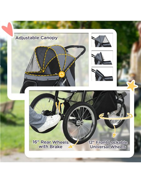 PawHut Dog Pram Dog Stroller Jogger Foldable Pet Pushchair for Medium, Small Dogs, w/ Rubber Wheels, Washable Cushion - Grey - pic 145052 | FastDaddyshop