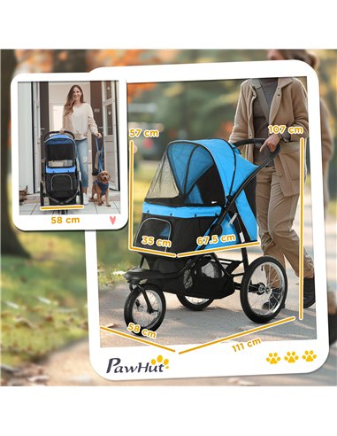 PawHut Dog Pram Dog Stroller Jogger Foldable Pet Pushchair for Medium, Small Dogs, w/ Rubber Wheels, Washable Cushion - Blue