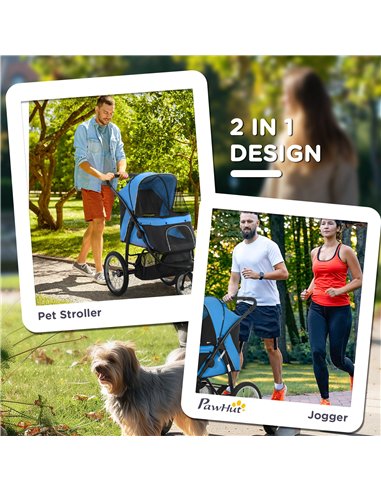 PawHut Dog Pram Dog Stroller Jogger Foldable Pet Pushchair for Medium, Small Dogs, w/ Rubber Wheels, Washable Cushion - Blue
