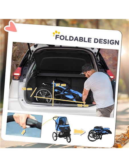PawHut Dog Pram Dog Stroller Jogger Foldable Pet Pushchair for Medium, Small Dogs, w/ Rubber Wheels, Washable Cushion - Blue - pic 145060 | FastDaddyshop