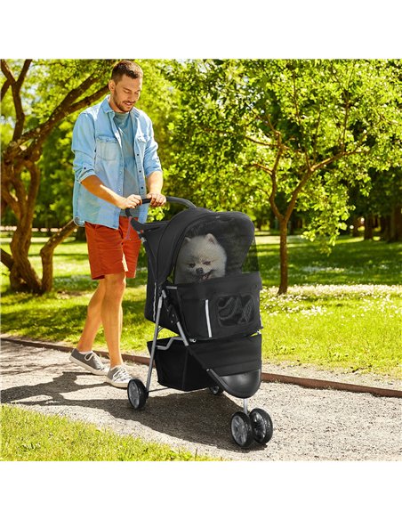 PawHut Dog Stroller, 3 Wheels Foldable Cat Dog Pram with Cup Holder, Storage Basket, Pet Stroller for Small Miniature Dogs, Blac - pic 145065 | FastDaddyshop