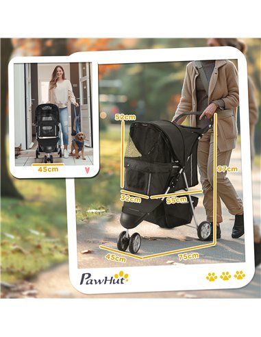 PawHut Dog Stroller, 3 Wheels Foldable Cat Dog Pram with Cup Holder, Storage Basket, Pet Stroller for Small Miniature Dogs, Blac