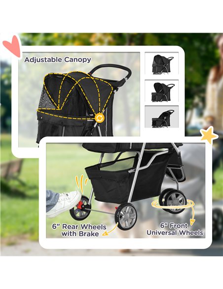 PawHut Dog Stroller, 3 Wheels Foldable Cat Dog Pram with Cup Holder, Storage Basket, Pet Stroller for Small Miniature Dogs, Blac - pic 145069 | FastDaddyshop
