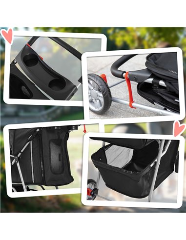 PawHut Dog Stroller, 3 Wheels Foldable Cat Dog Pram with Cup Holder, Storage Basket, Pet Stroller for Small Miniature Dogs, Blac