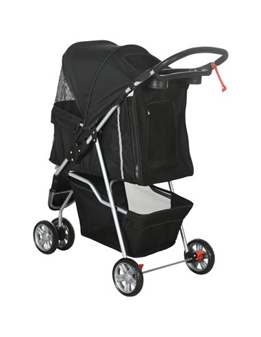 PawHut Dog Stroller, 3 Wheels Foldable Cat Dog Pram with Cup Holder, Storage Basket, Pet Stroller for Small Miniature Dogs, Blac