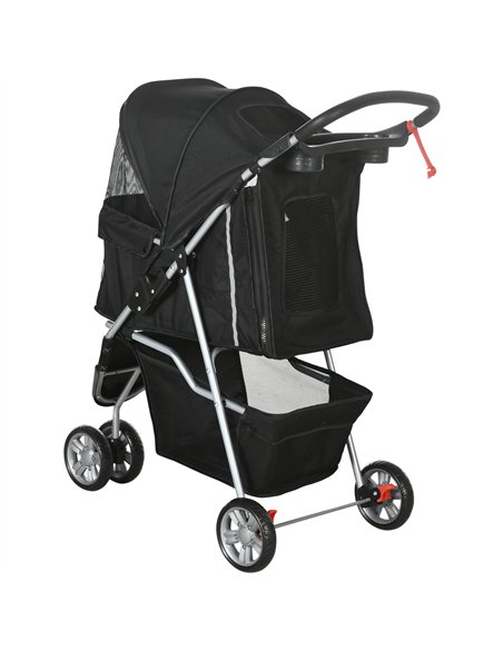 PawHut Dog Stroller, 3 Wheels Foldable Cat Dog Pram with Cup Holder, Storage Basket, Pet Stroller for Small Miniature Dogs, Blac - pic 145072 | FastDaddyshop