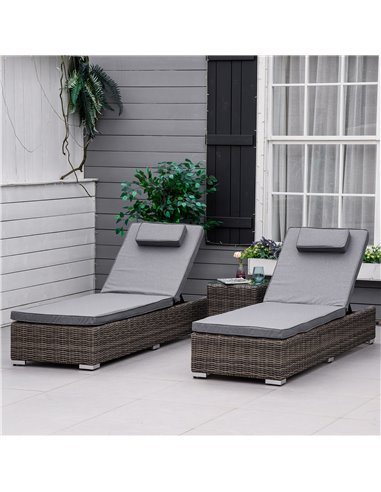 Outsunny 3 Pieces Patio PE Rattan Sun Lounger Set, Adjustable Outdoor Half-Round Wicker Aluminium Recliner Bed w/ Side Table Set