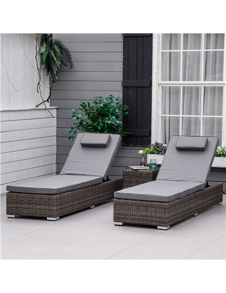 Outsunny 3 Pieces Patio PE Rattan Sun Lounger Set, Adjustable Outdoor Half-Round Wicker Aluminium Recliner Bed w/ Side Table Set - pic 14509 | FastDaddyshop
